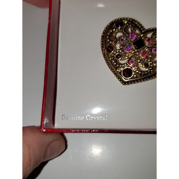 Genuine Crystal Heart Shaped Pin Brooch Recycled Materials Gold Tone Metal - Picture 6 of 10